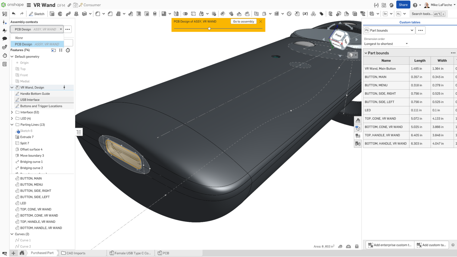 Onshape GUI showing a closeup of a 3D-modeled VR wand with PCB and in-context USB.
