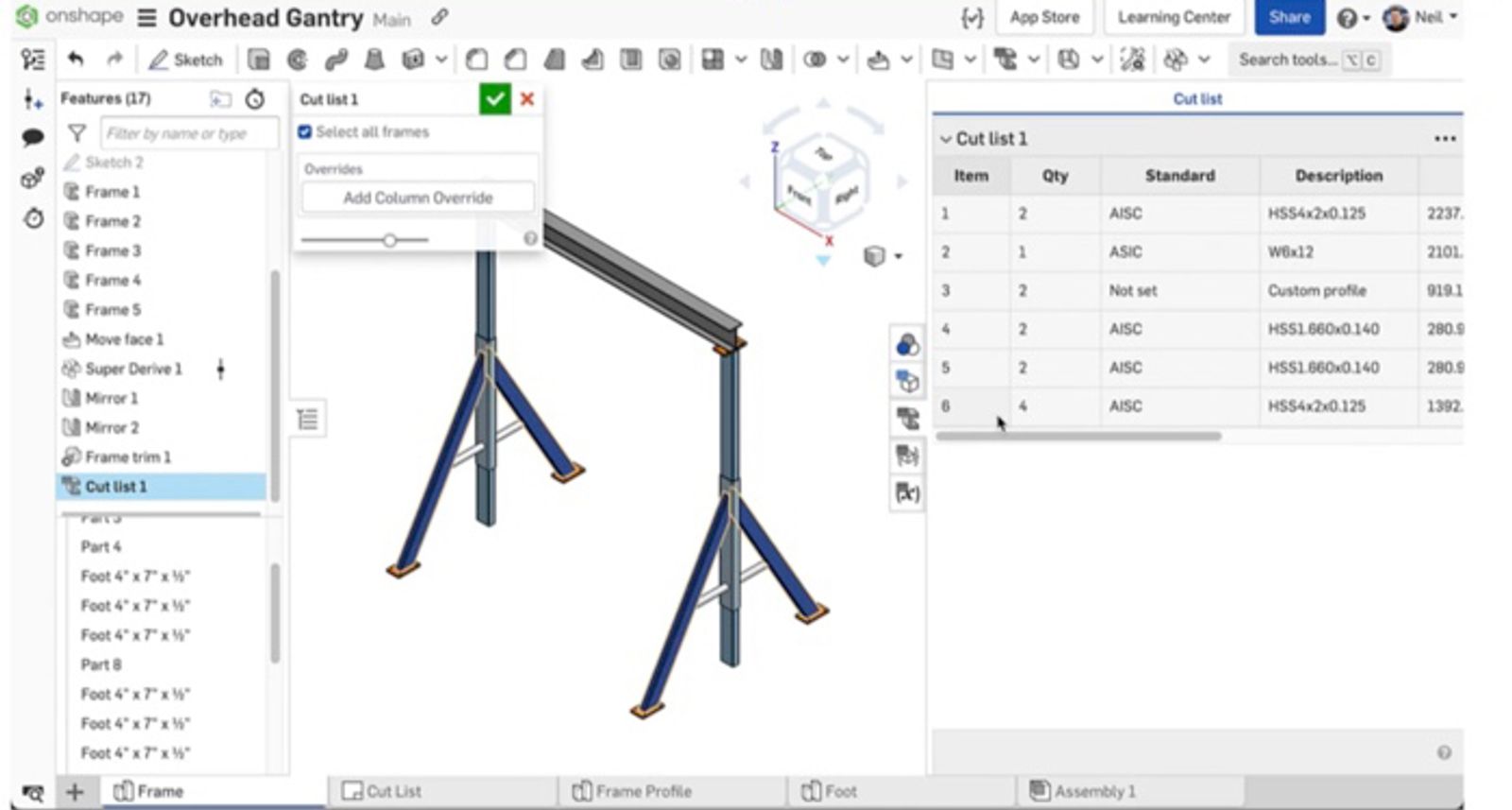 detailed tube segment information and resultant BOM entries 
