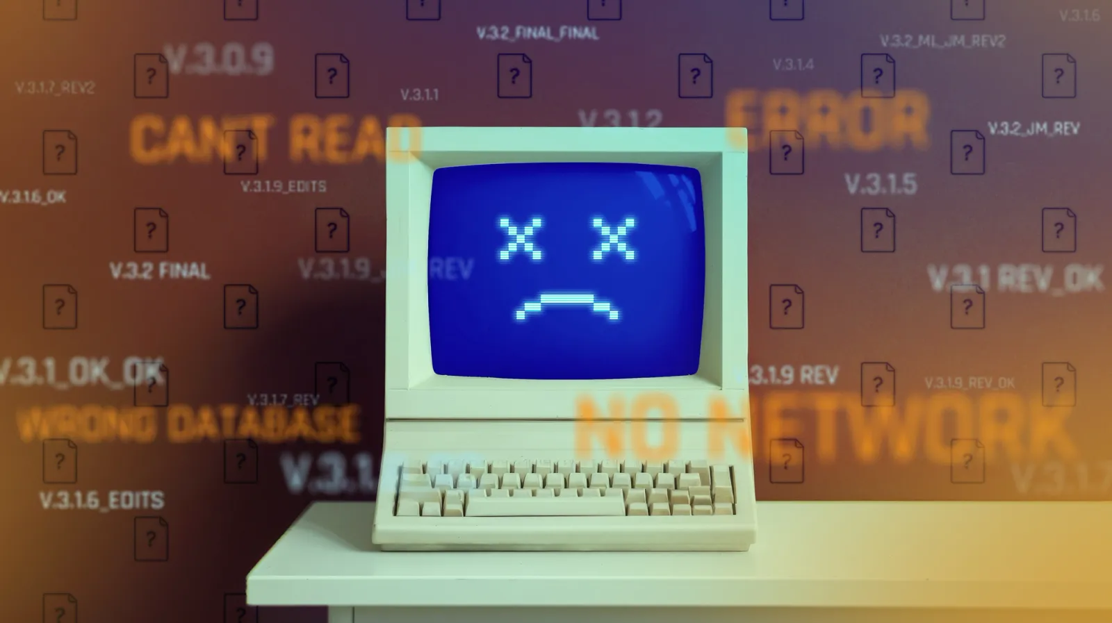 Stock image of an old-school computer with a sad face on the screen.