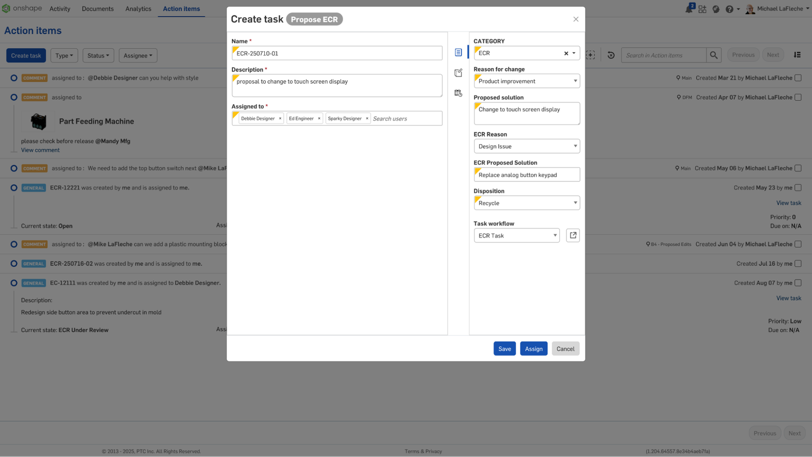 Onshape GUI showing the Create task window to propose an ECR. 