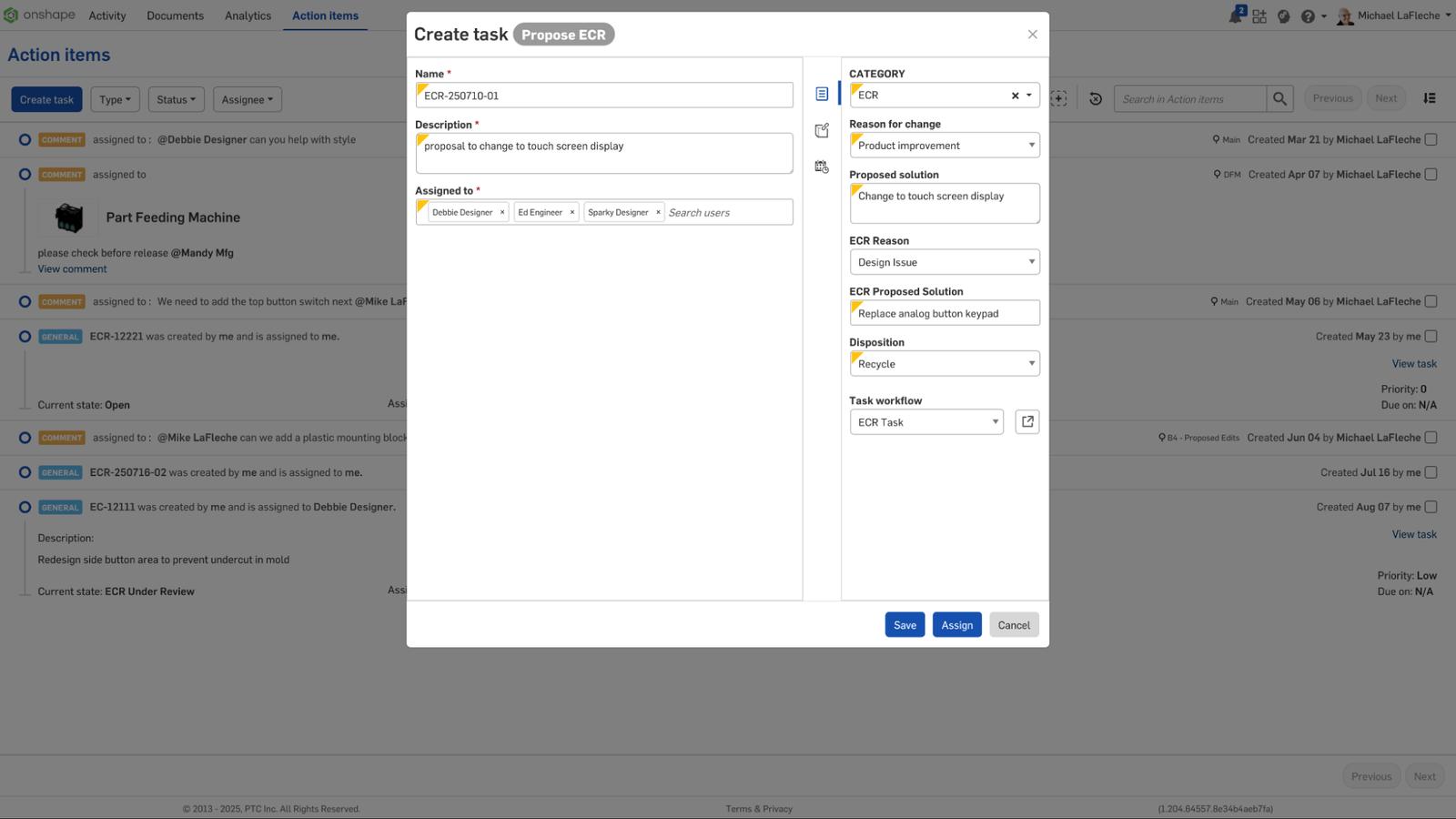 Onshape GUI showing the Create task window to propose an ECR.