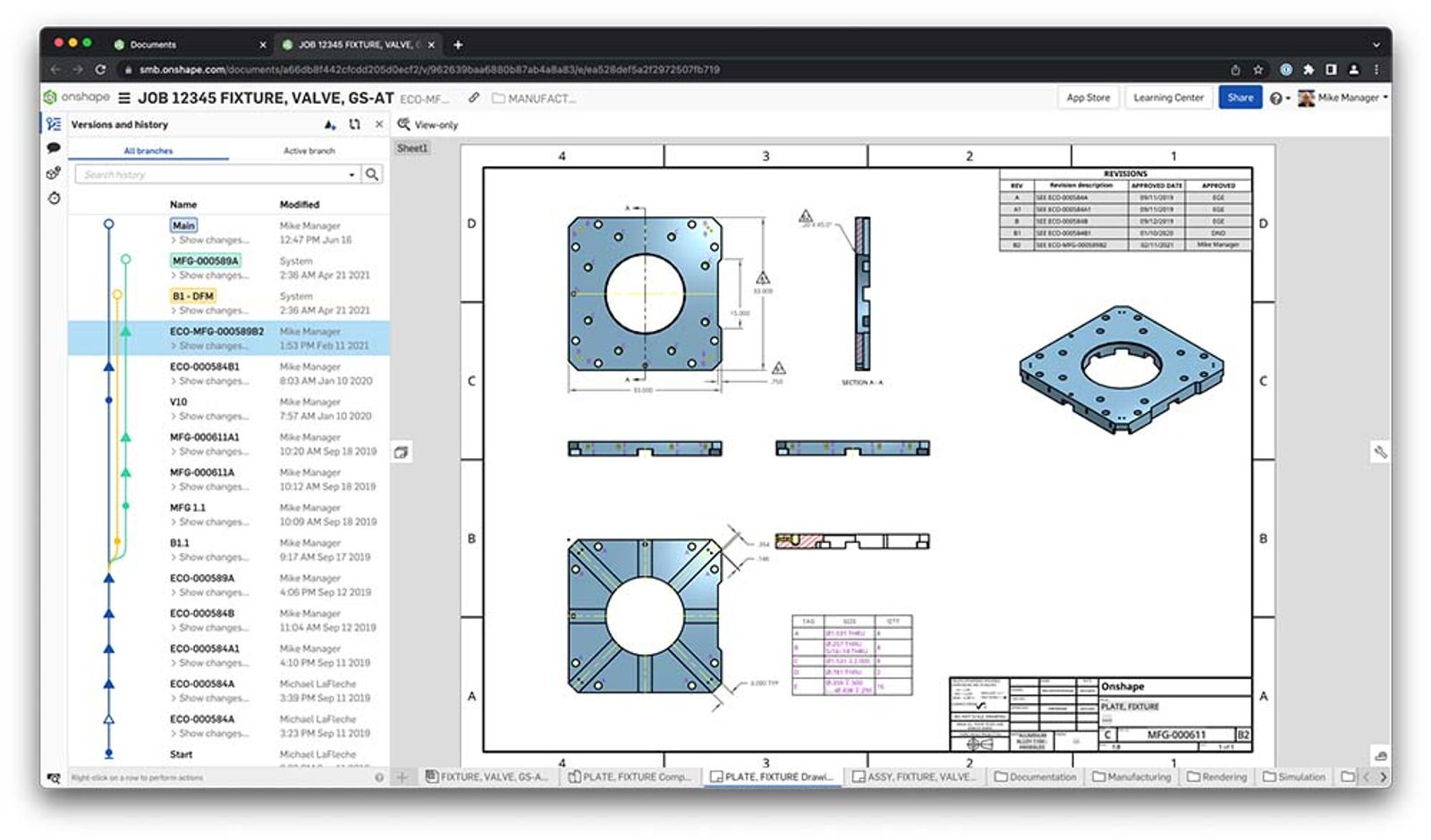 Onshape の内蔵 PDM による図面のバージョン管理