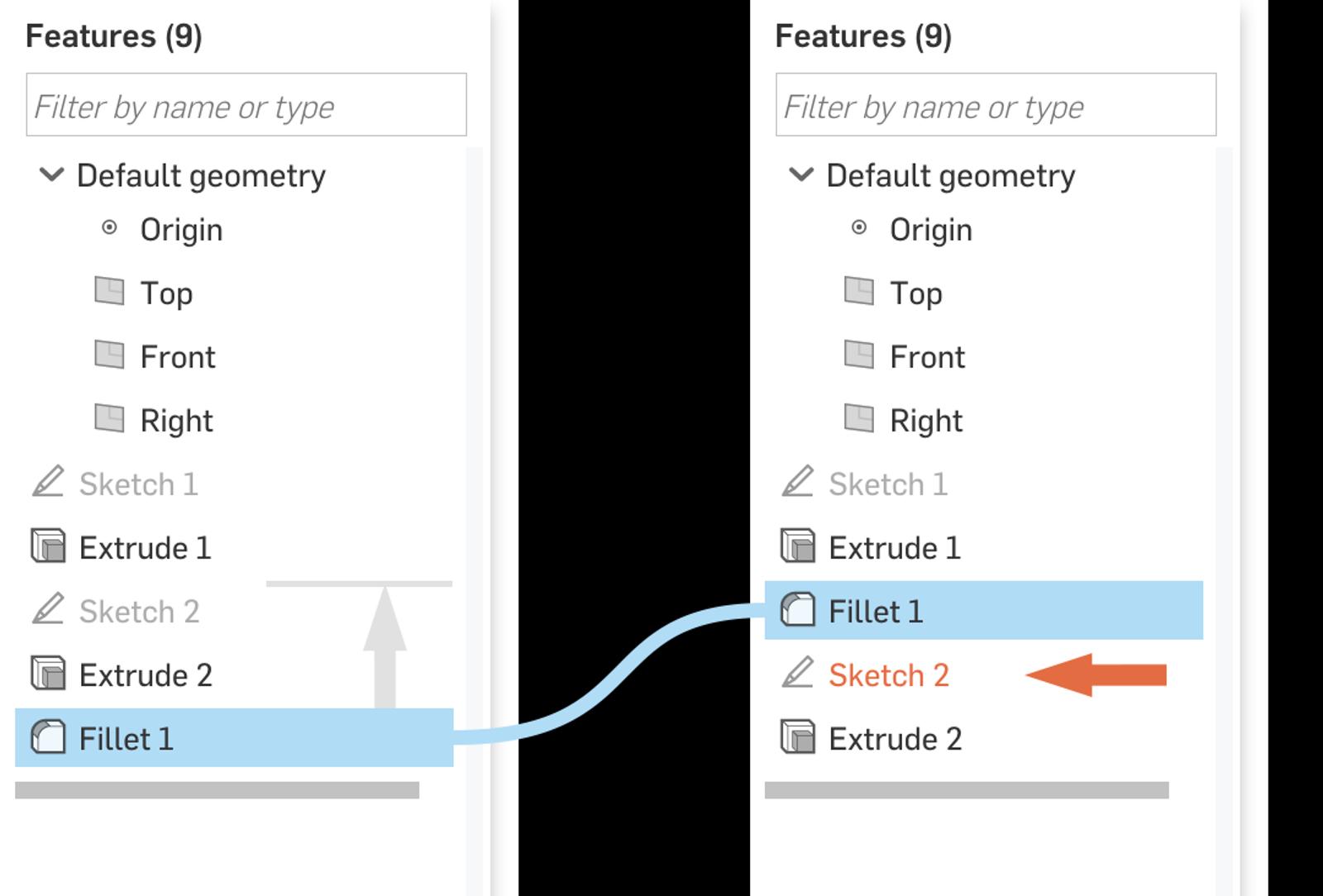 the list of features in a 3D modeler