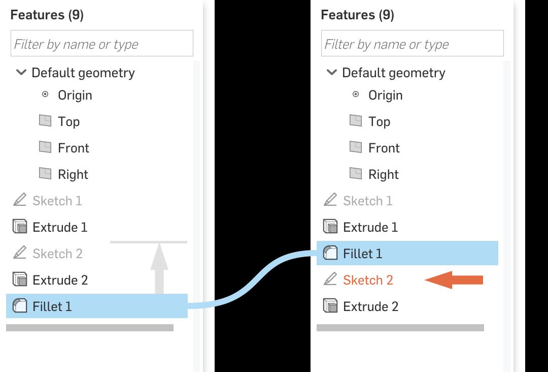 the list of features in a 3D modeler