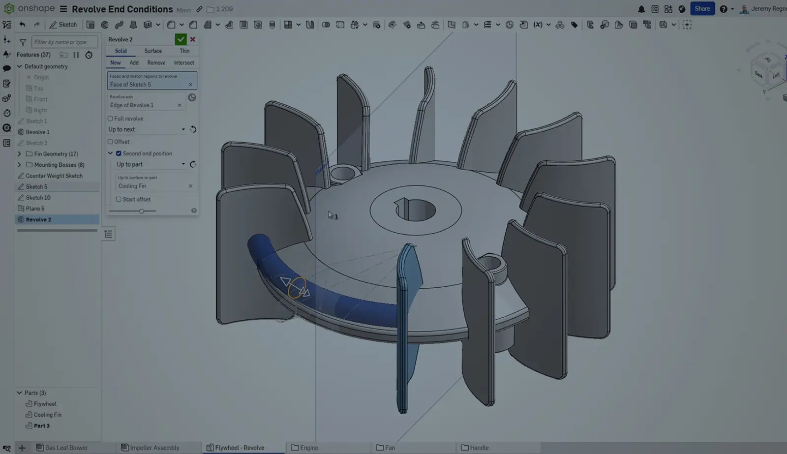 Onshape GUI with an overlay showing a CAD model and a Revolve feature option.