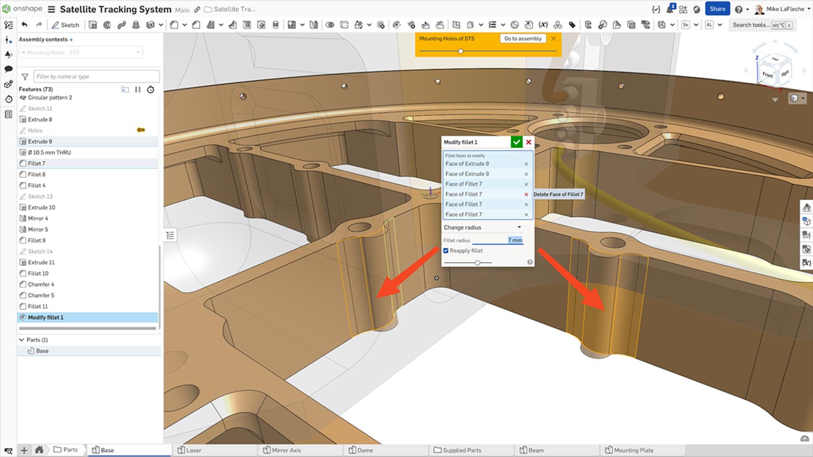 Onshape GUI showing a 3D model where the Modify fillet tool is applied.