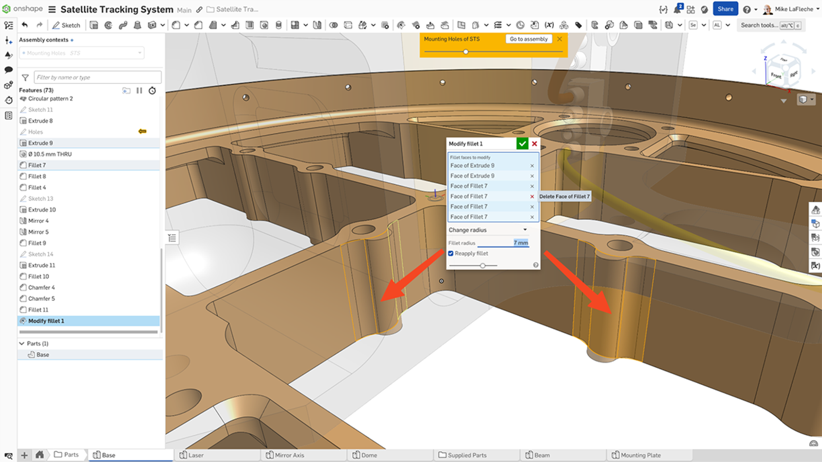 Onshape GUI showing a 3D model where the Modify fillet tool is applied.