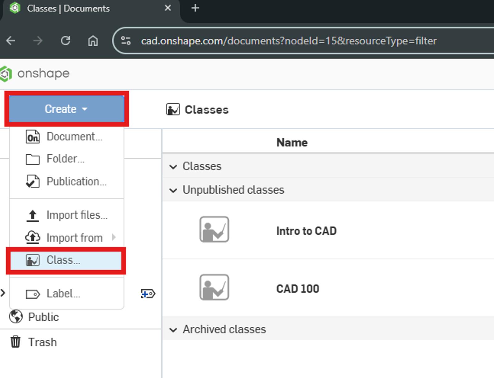Onshape for Education GUI showing the dropdown to create a class. 