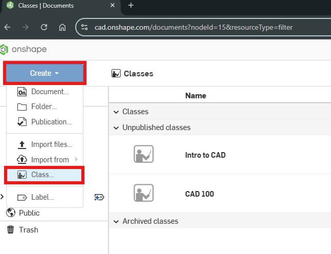 Onshape for Education GUI showing the dropdown to create a class.