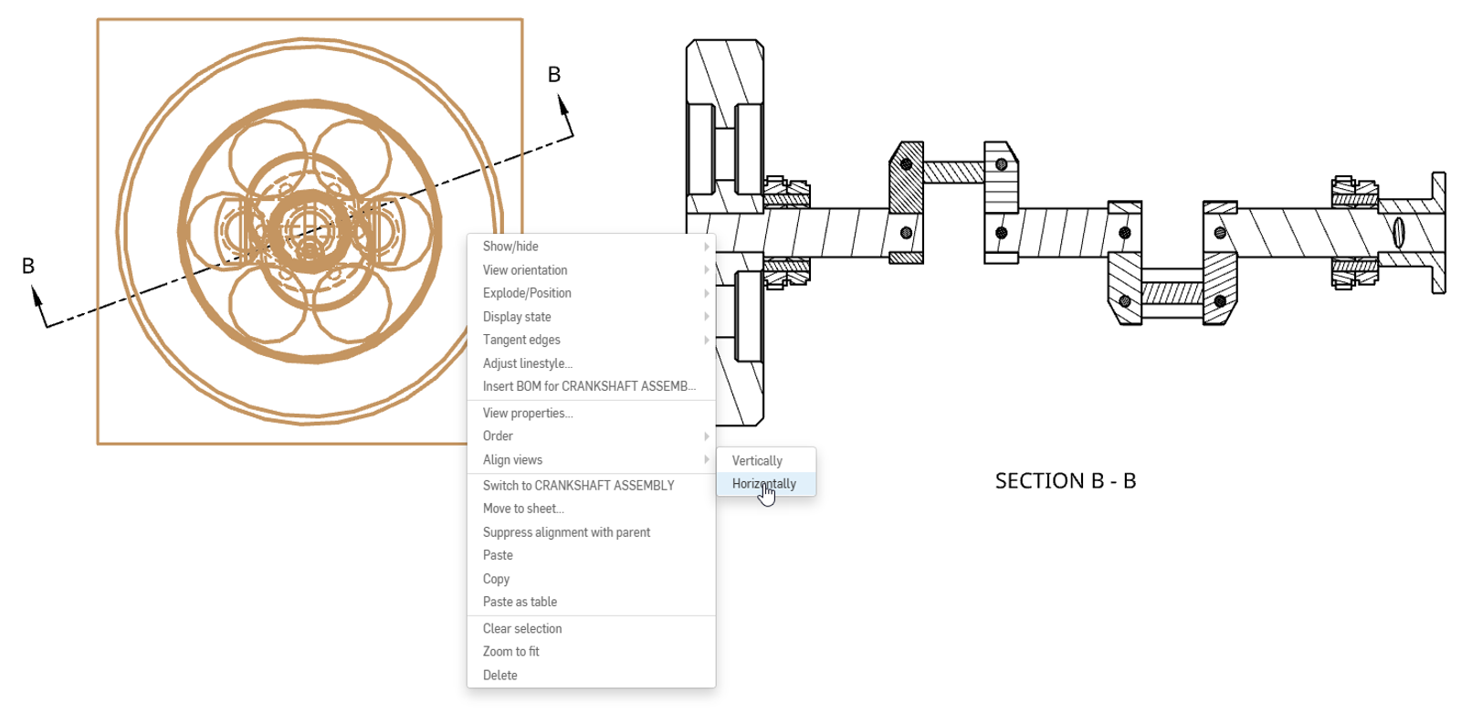 Onshape GUI showing a drawing and the "Horizontally" option highlighted under "Align views".
