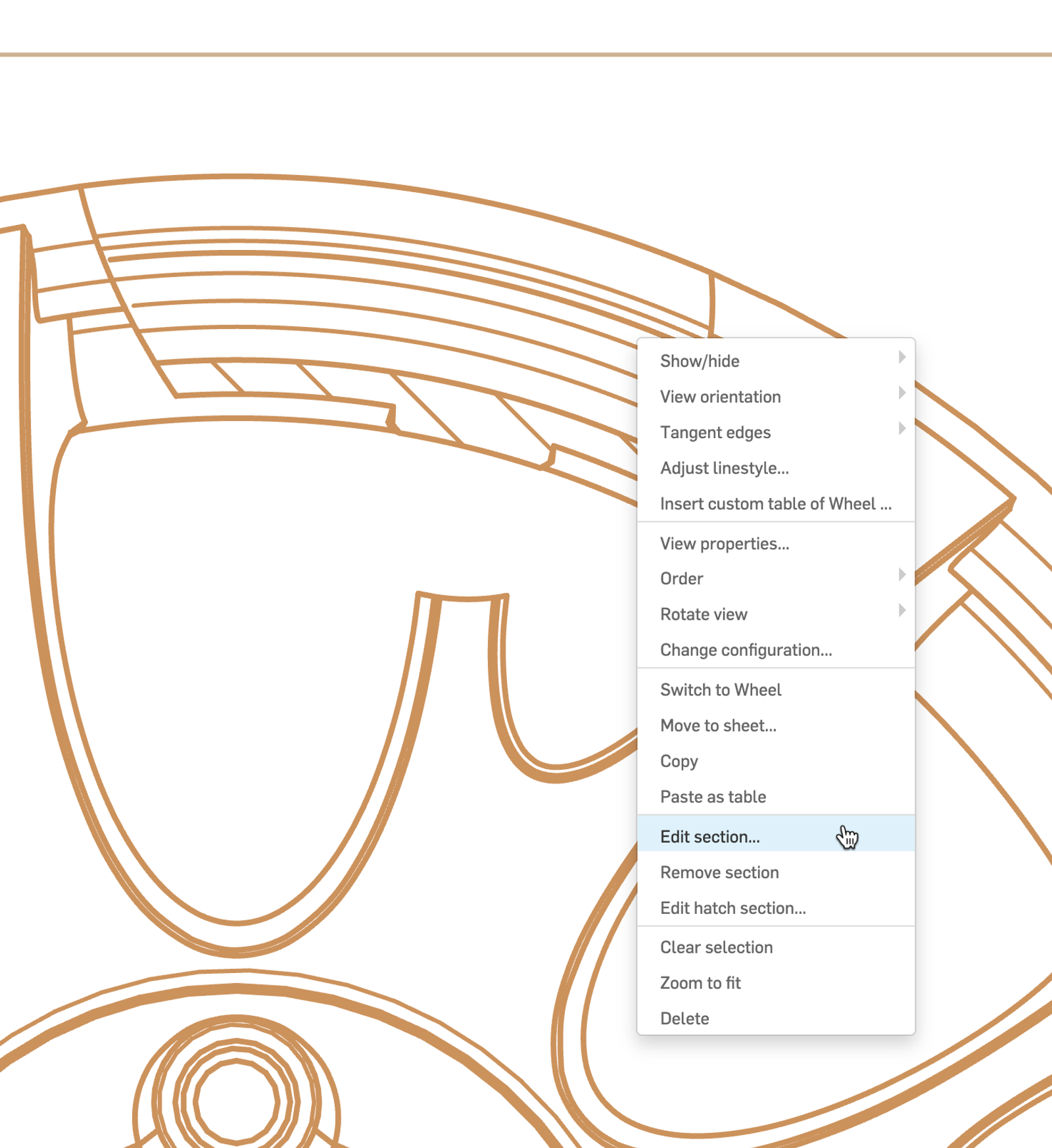 Zoomed in image of Onshape GUI showing "Edit section" option in a drawing.