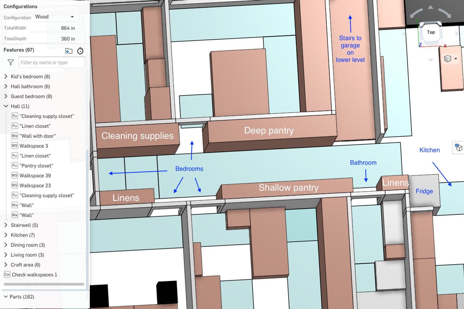 Screenshot of the home designer's layout for maximizing storage space in the hallway between bedrooms. The design was created with FeatureScript, Onshape's open-source programming language that lets you easily create custom CAD features.