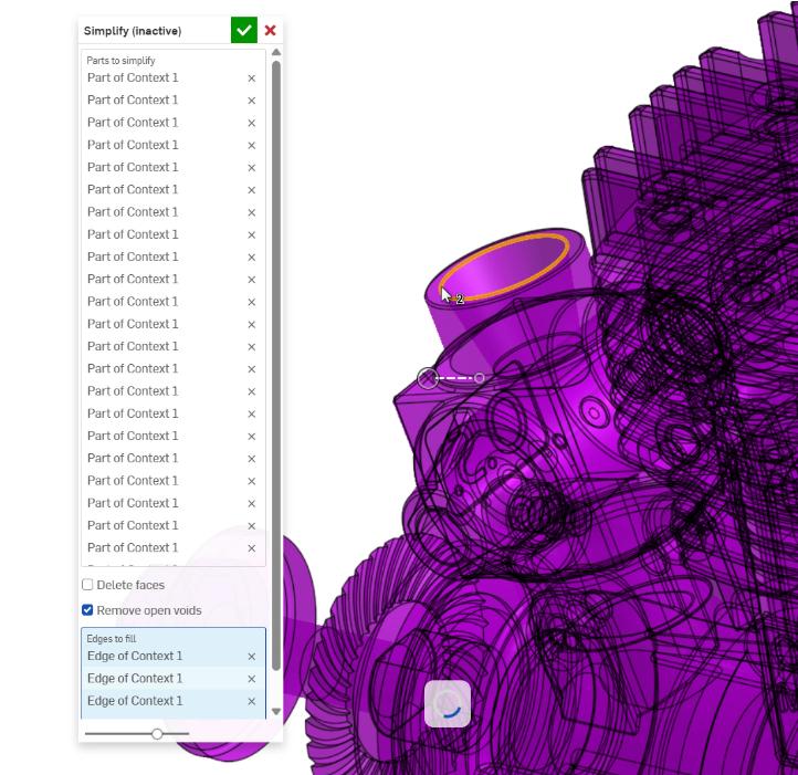 Onshape GUI showing options for the Simplify custom feature and the CAD model.