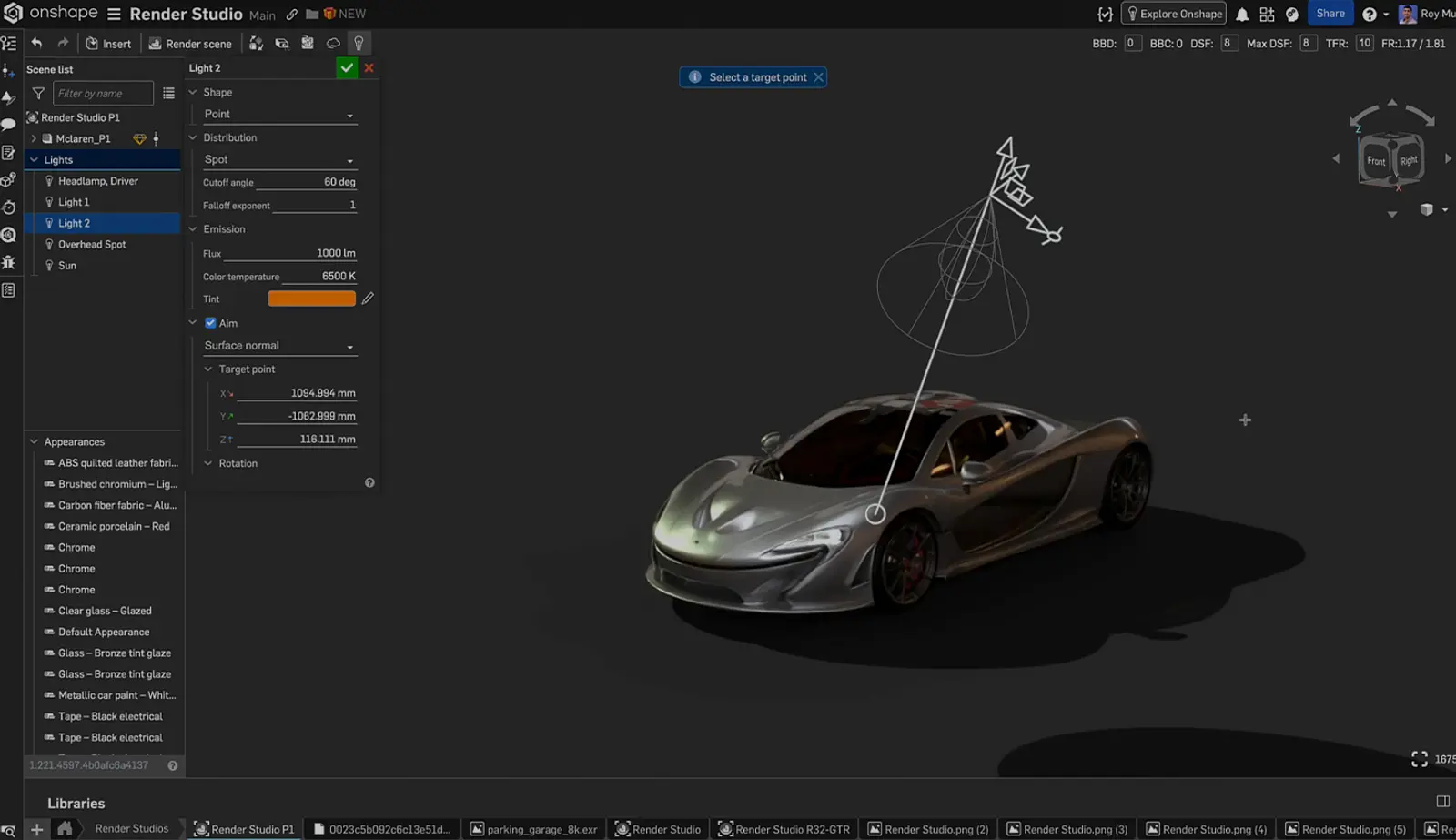 Onshape GUI with an overlay showing Render Studio lighting effects.