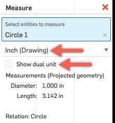 Measure Dialog Onshape Drawings