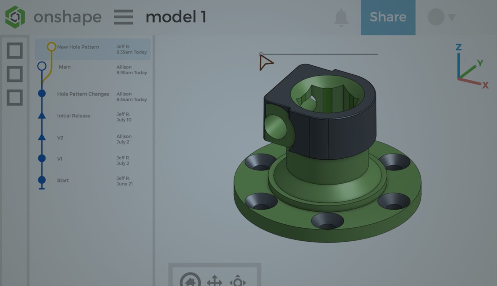 Image with an overlay showing an Onshape CAD model within an animated workspace.
