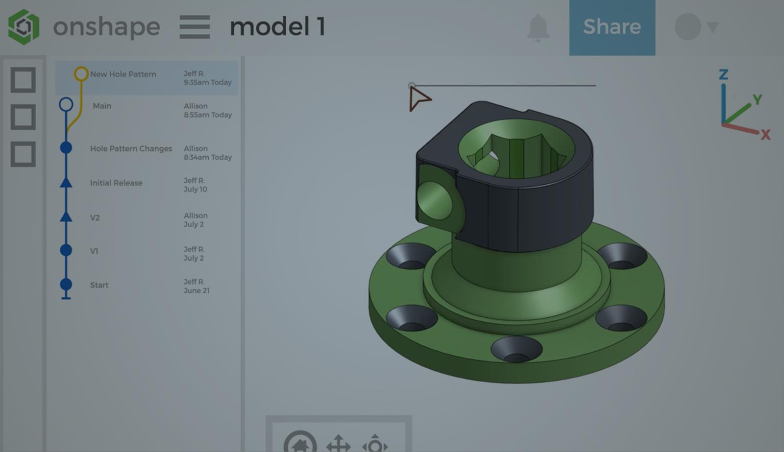 Image with an overlay showing an Onshape CAD model within an animated workspace.