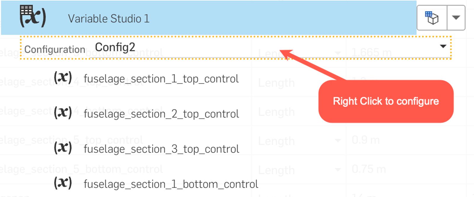 Onshape GUI showing configuration of configuration variables.