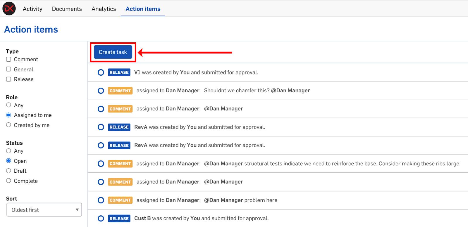 Shows the location of the "Create task" button