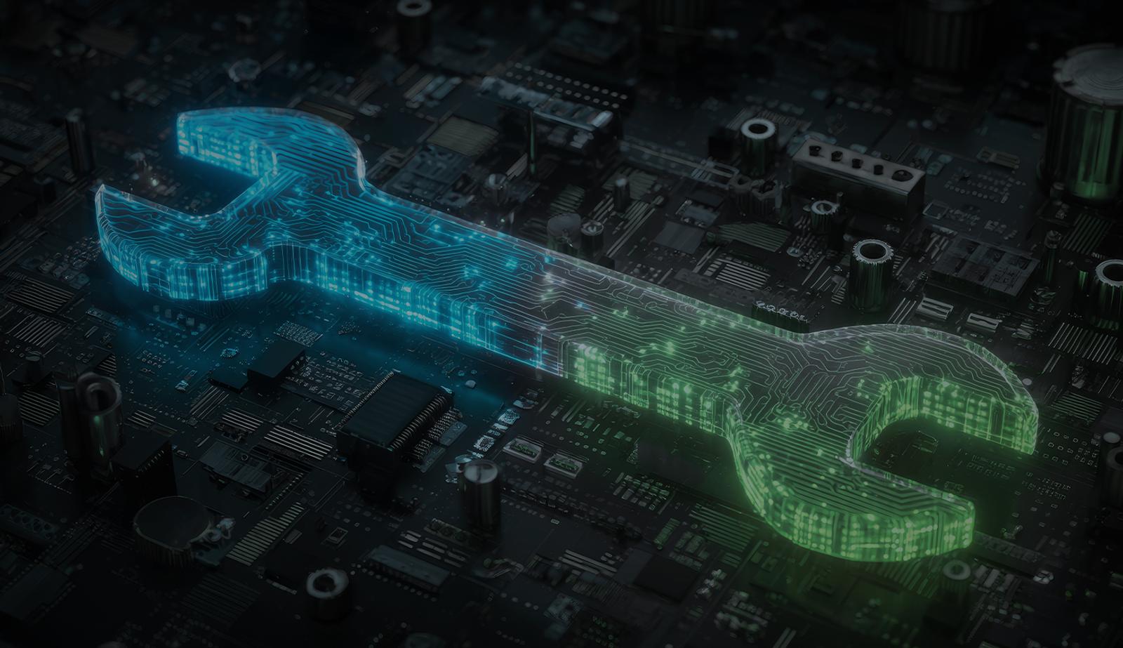 Stock illustration showing a tech wrench on a PCB board.