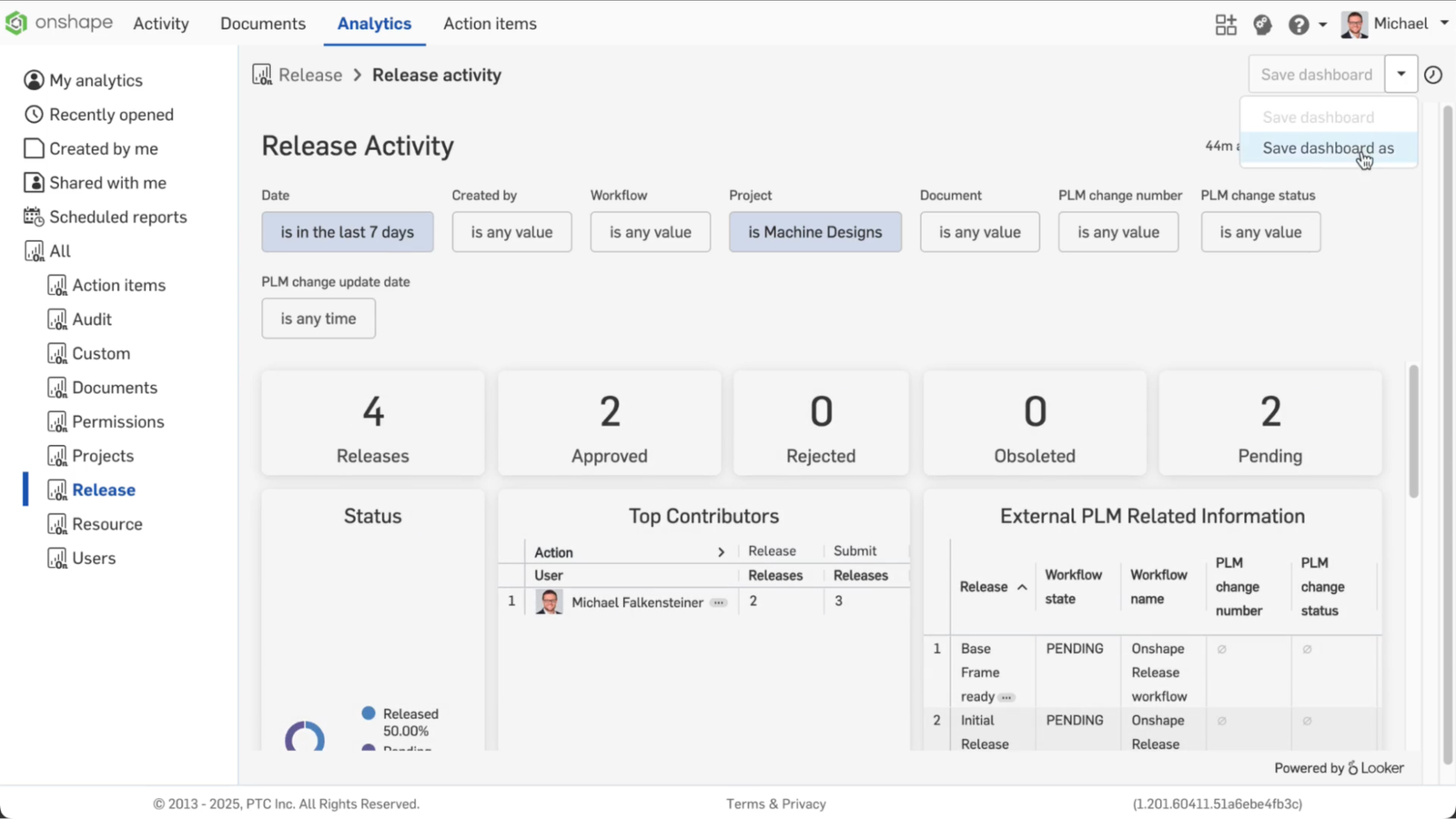Onshape GUI showing the Release Activity dashboard.