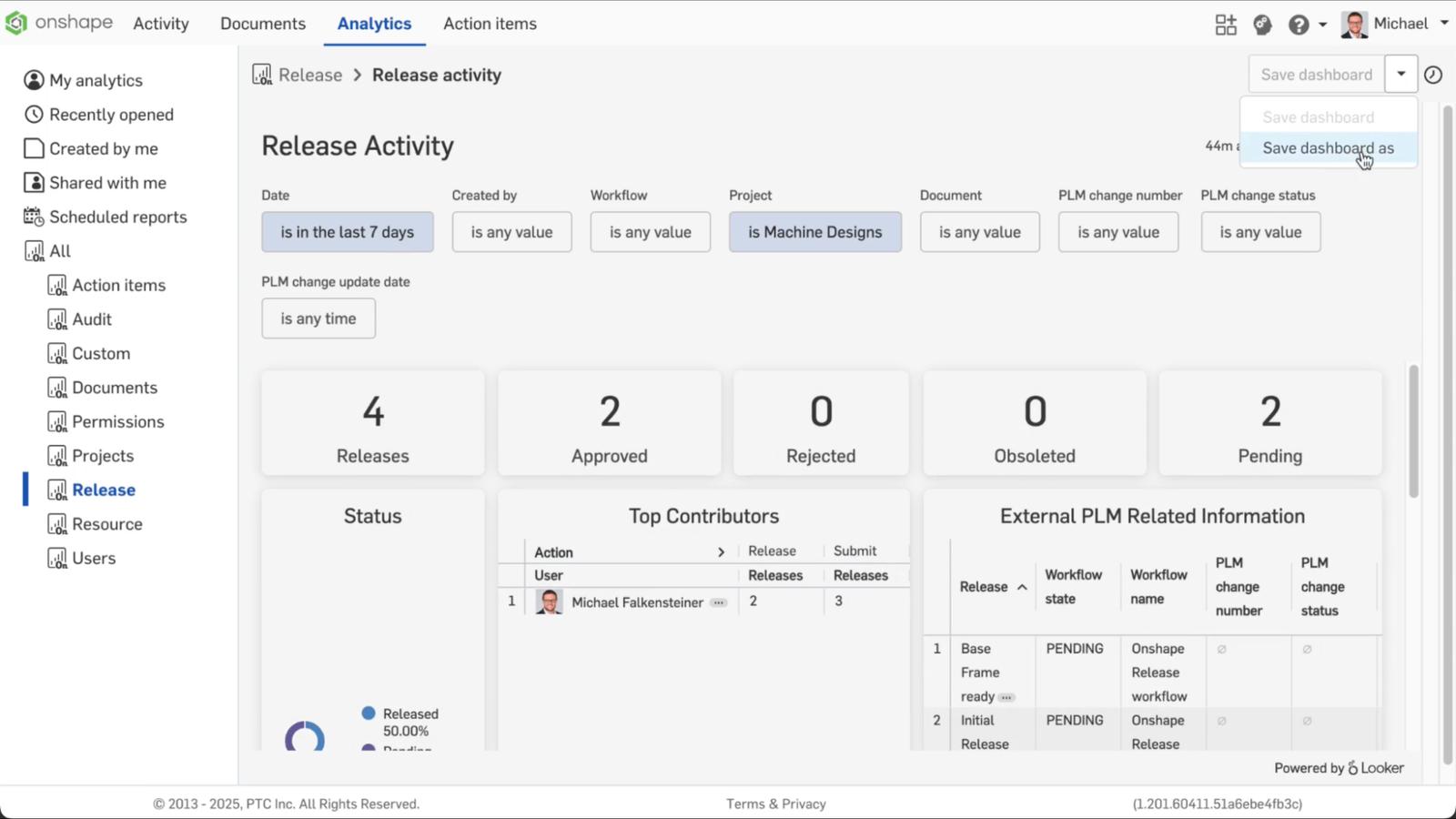 Onshape GUI showing the Release Activity dashboard.