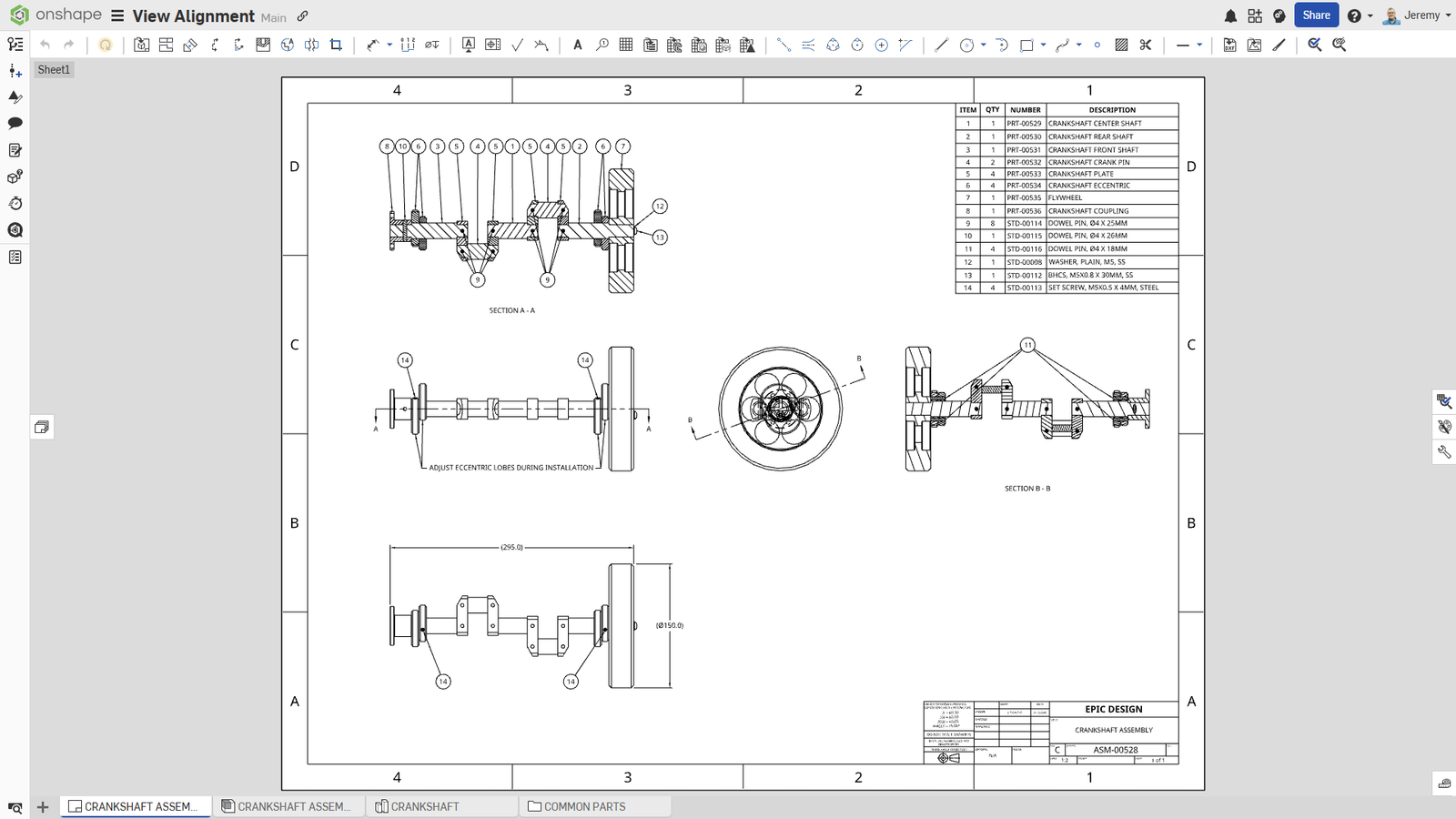 Onshape GUI showing a drawing with aligned views.