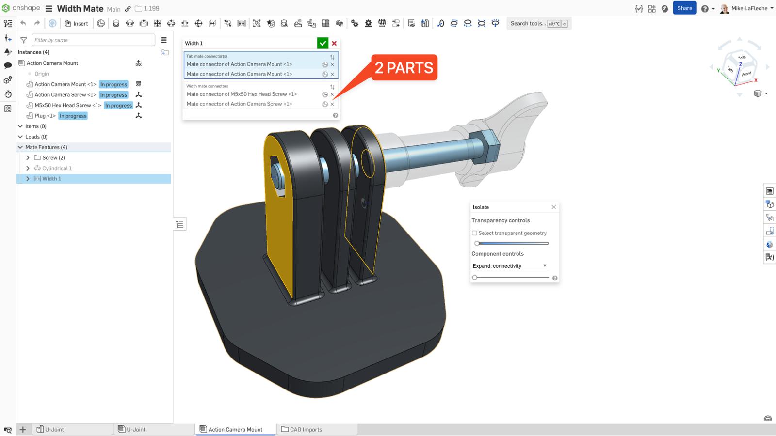 Onshape GUI showing Width mate connectors for two different parts.