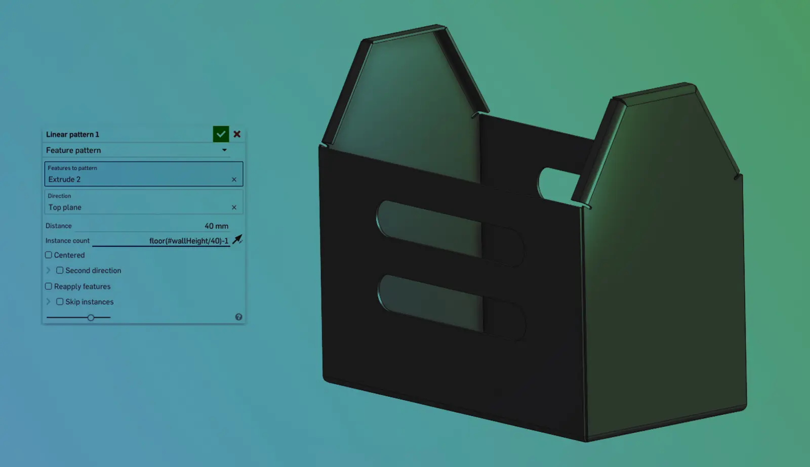 Onshape GUI with an overlay with a Linear pattern options open by a 3D-modeled toolbox.