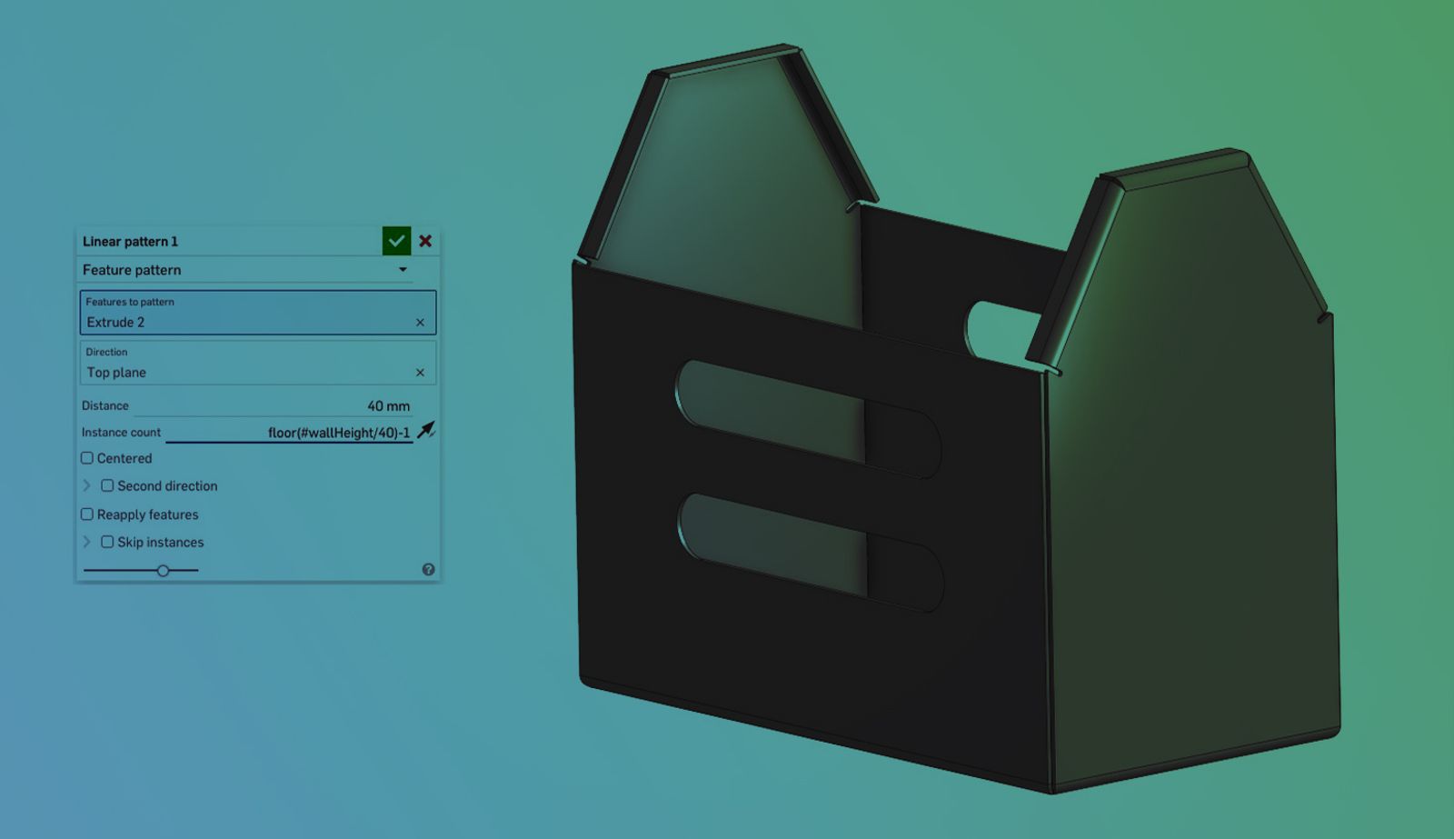 Onshape GUI with an overlay with a Linear pattern options open by a 3D-modeled toolbox.