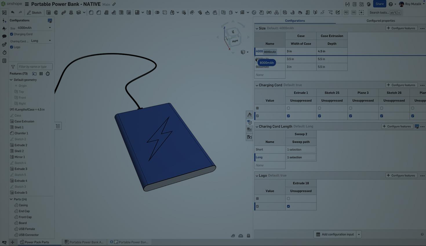 Onshape GUI with an overlay showing the configuration table of a portable power bank CAD model.