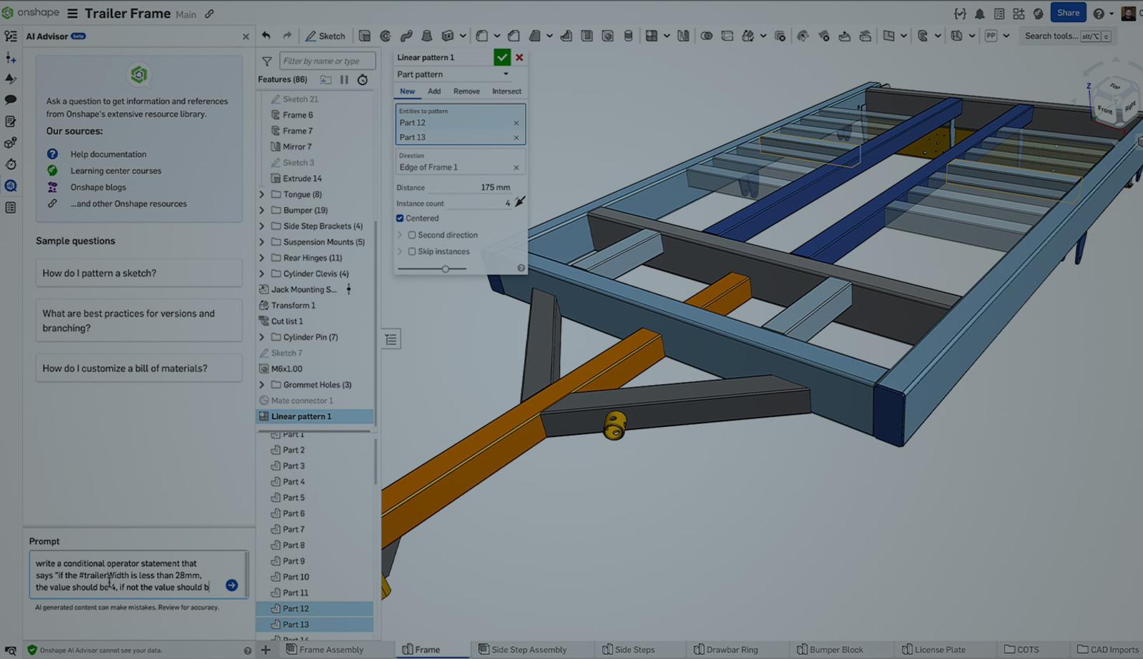 Onshape GUI with an overlay showing a CAD model and AI Advisor in-app.