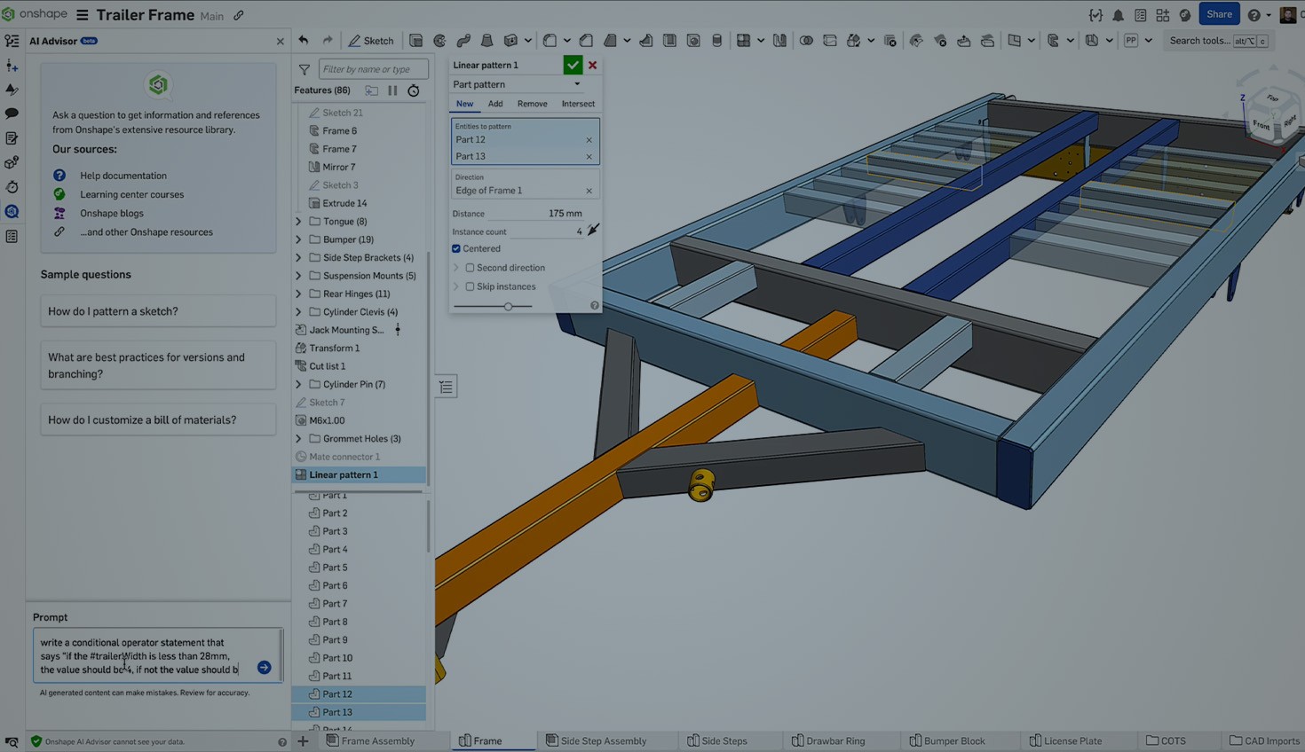 Onshape GUI with an overlay showing a CAD model and AI Advisor in-app.