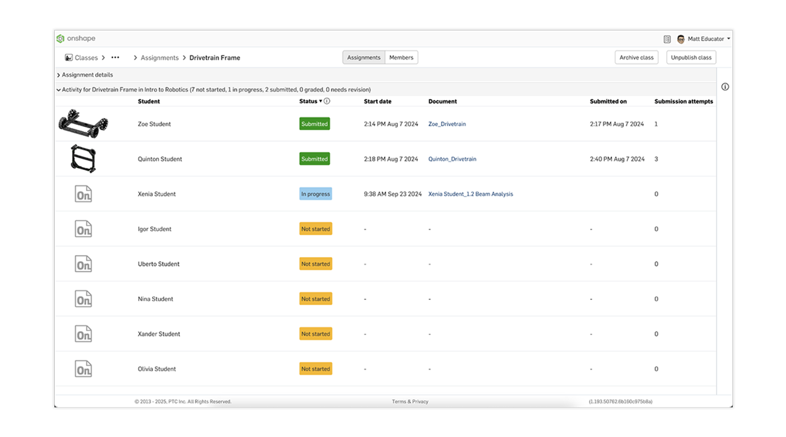 Class assignments in Onshape