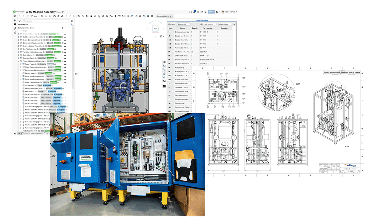 Collage of the state of products, from CAD model to real life.