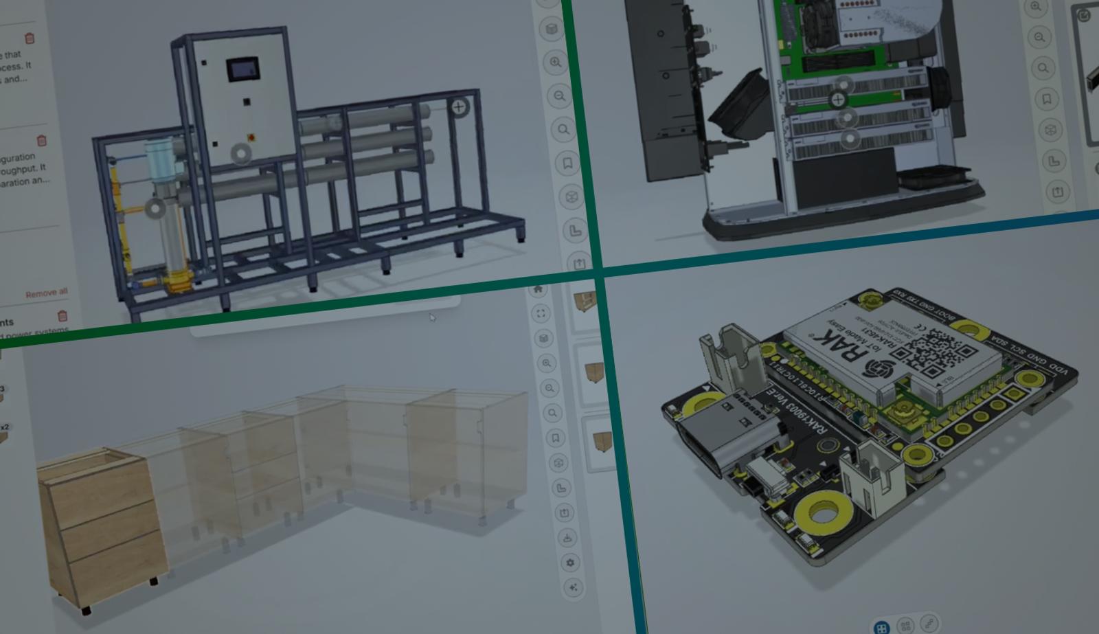 Collage with an overlay showing different CAD models in Infinitive's configurator.