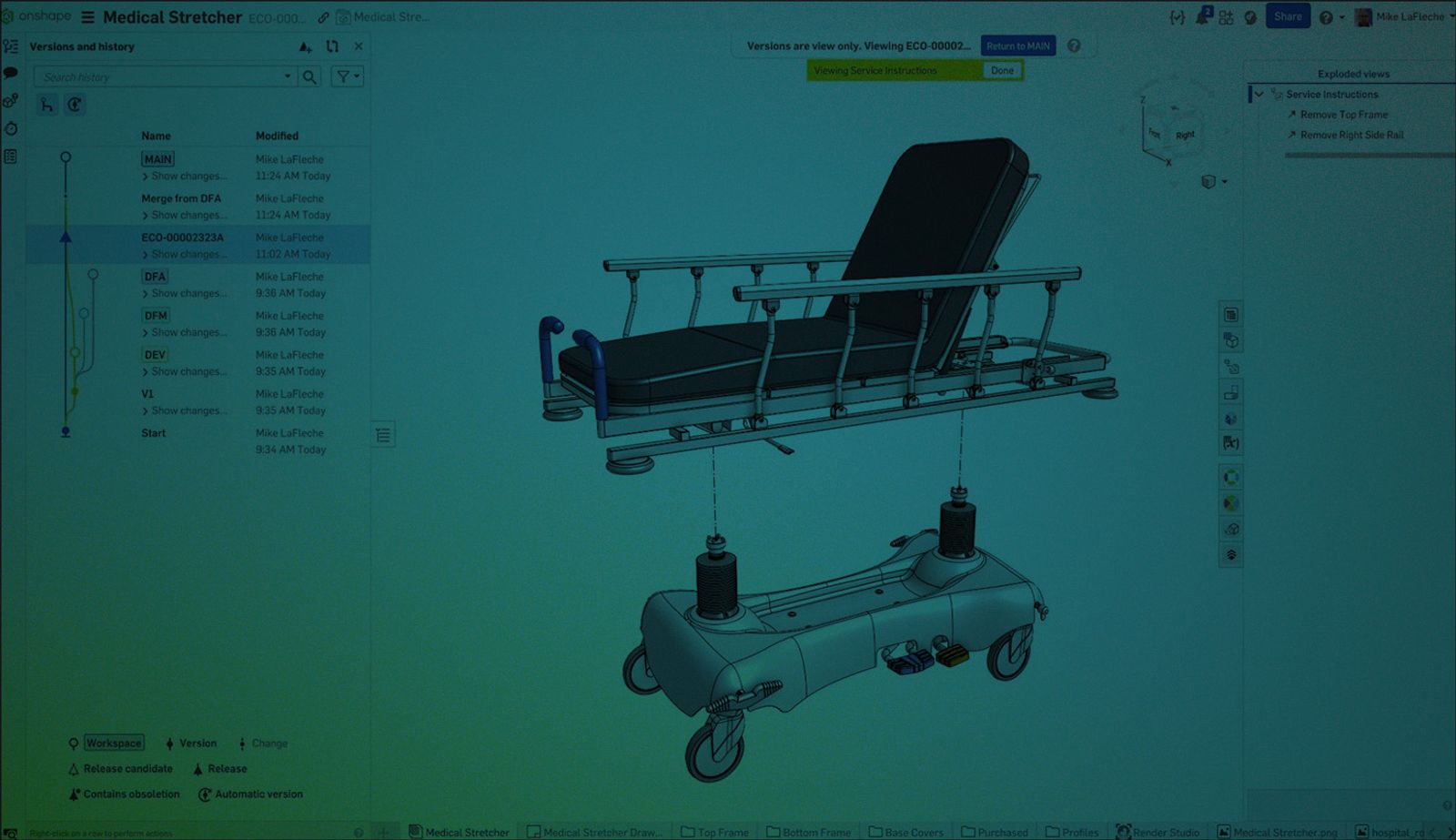 Onshape GUI with an overlay showing a medical stretcher 3D model.
