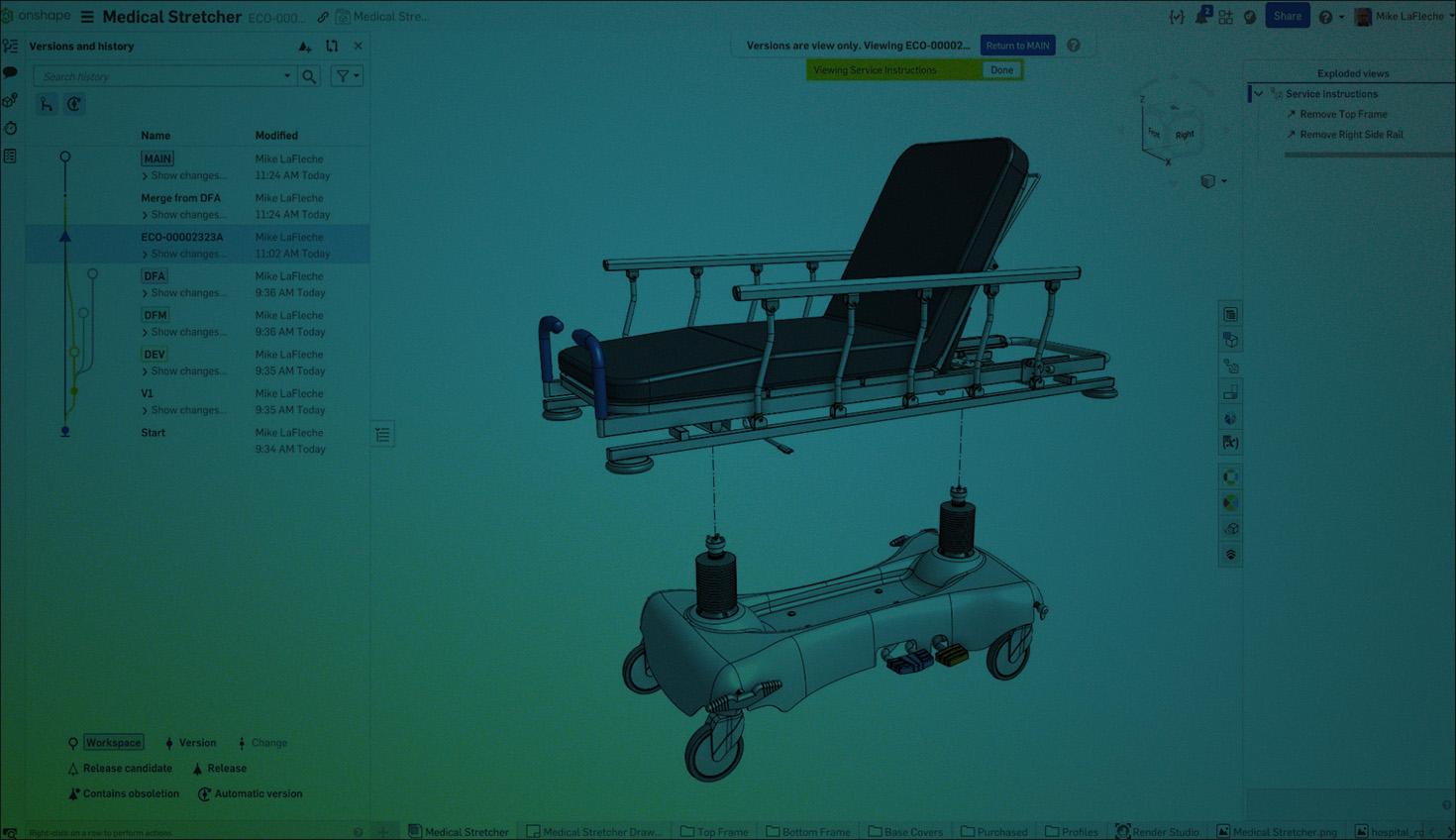 Onshape GUI with an overlay showing a medical stretcher 3D model.