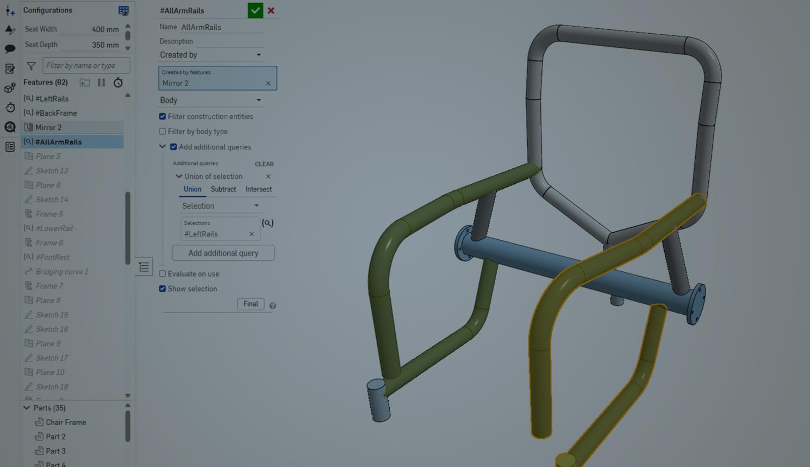 Onshape GUI with an overlay showing a 3D CAD model of a sports wheelchair.
