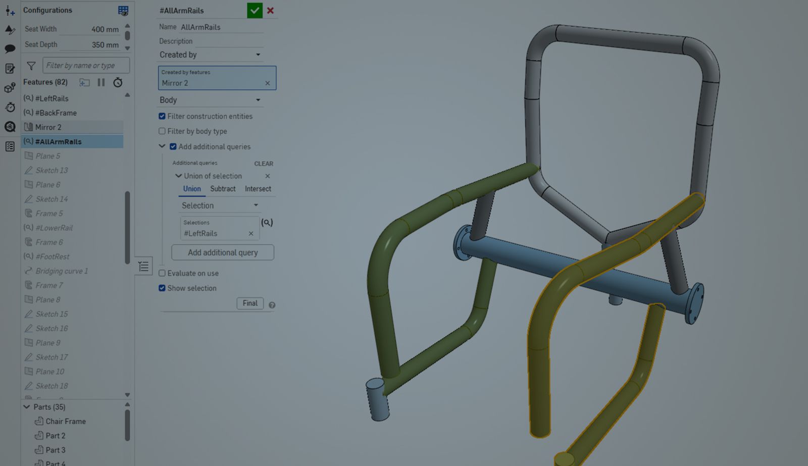 Onshape GUI with an overlay showing a 3D CAD model of a sports wheelchair.