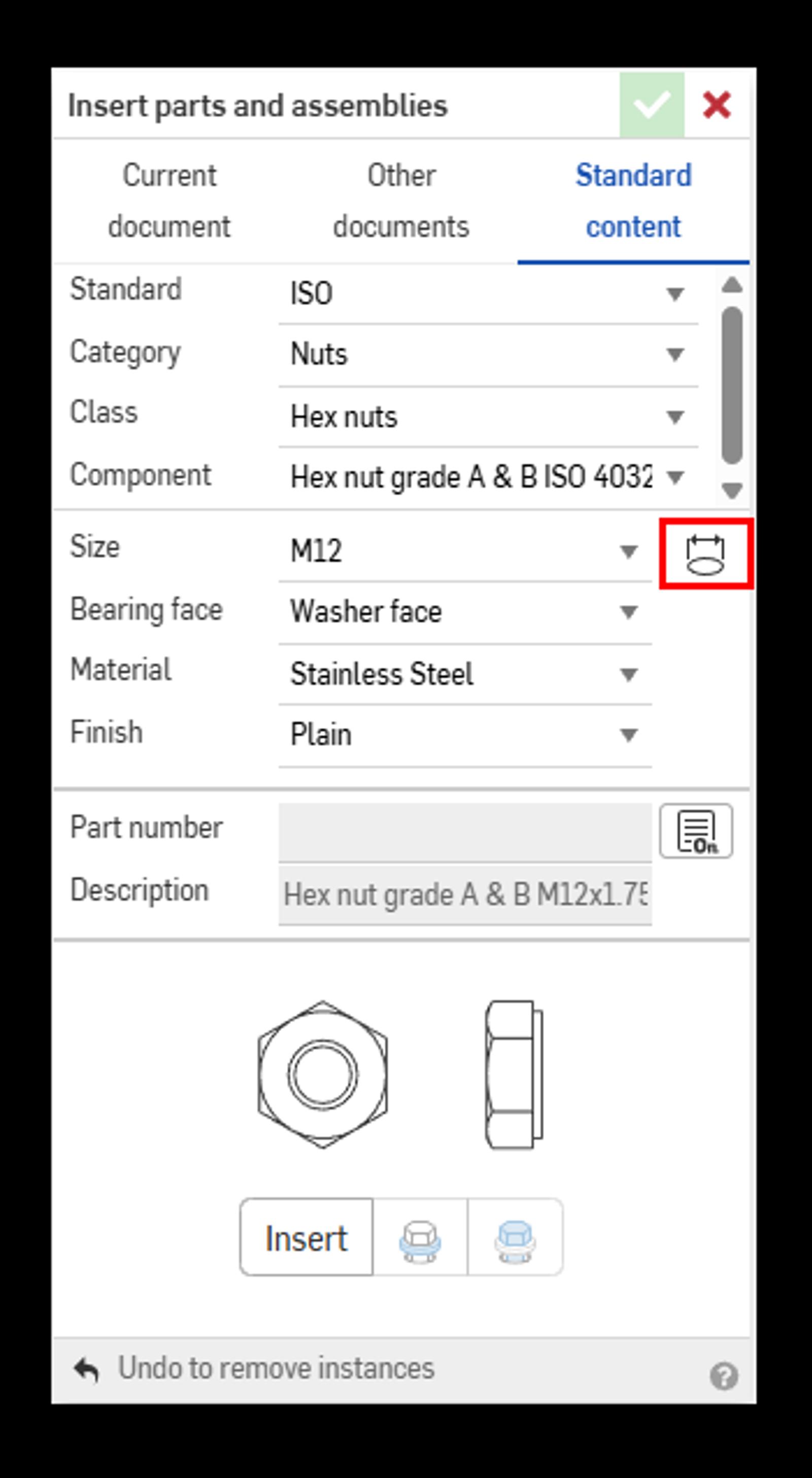 Close-up of Onshape GUI showing the Insert parts and assemblies dialog for Standard Content.