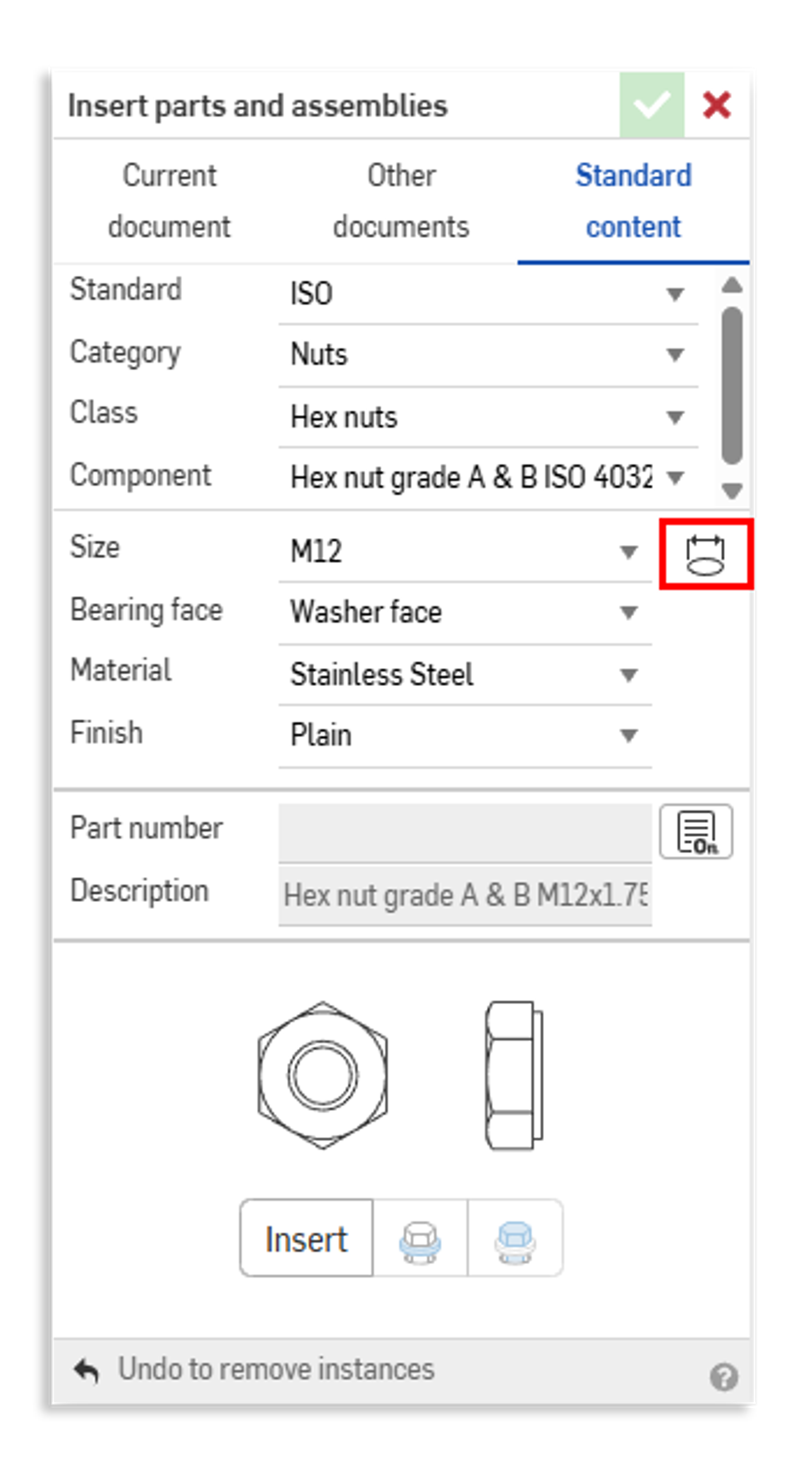 Close-up of Onshape GUI showing the Insert parts and assemblies dialog for Standard Content.