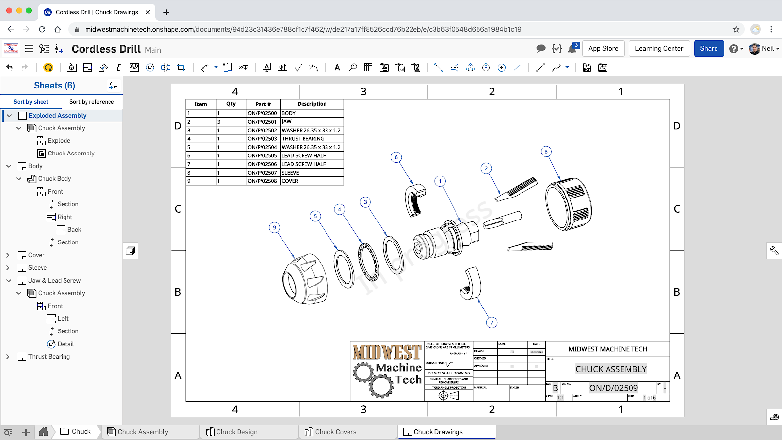 Onshape GUI showing an exploded view in a drawing.