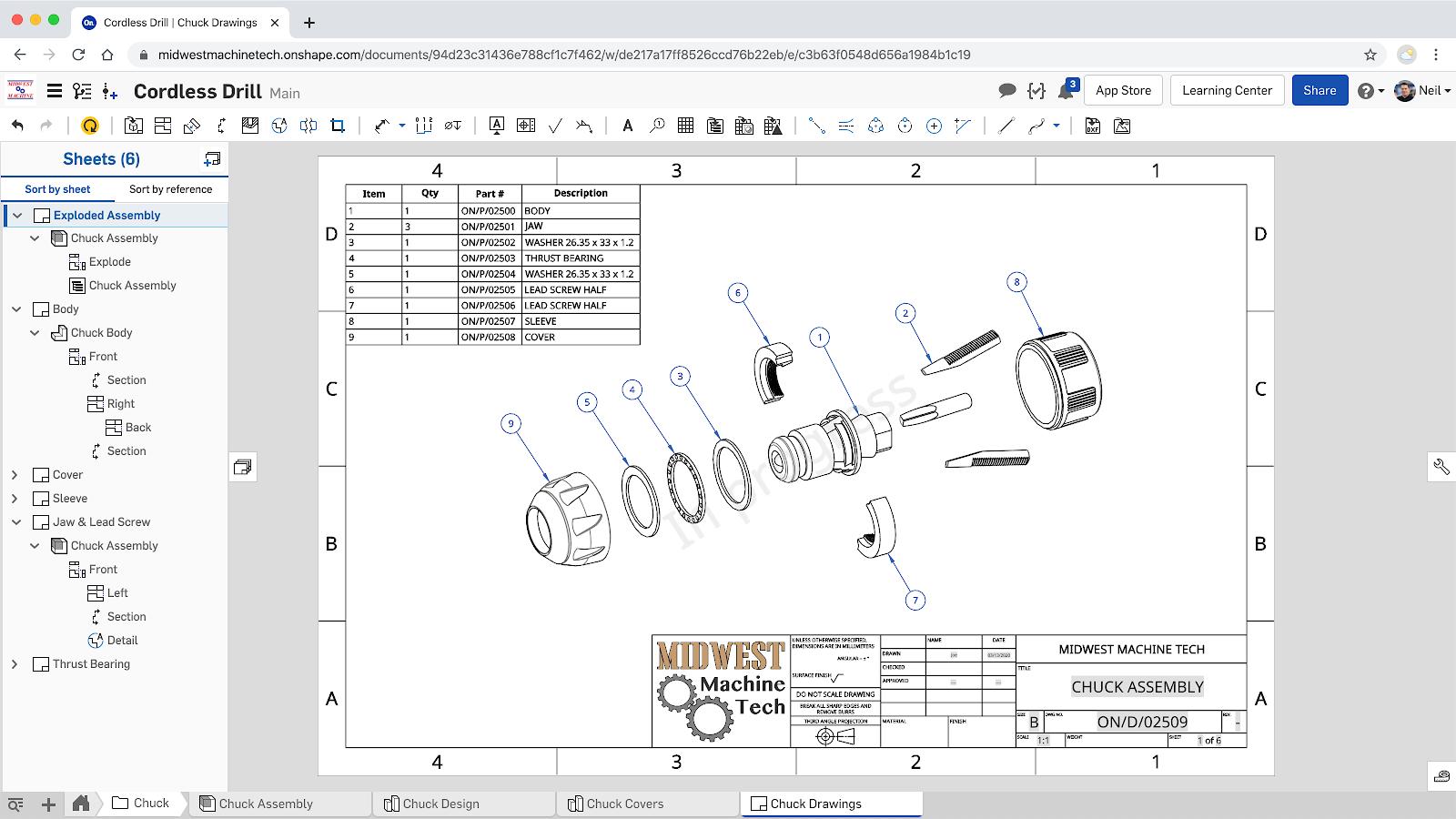 Onshape GUI showing an exploded view in a drawing.