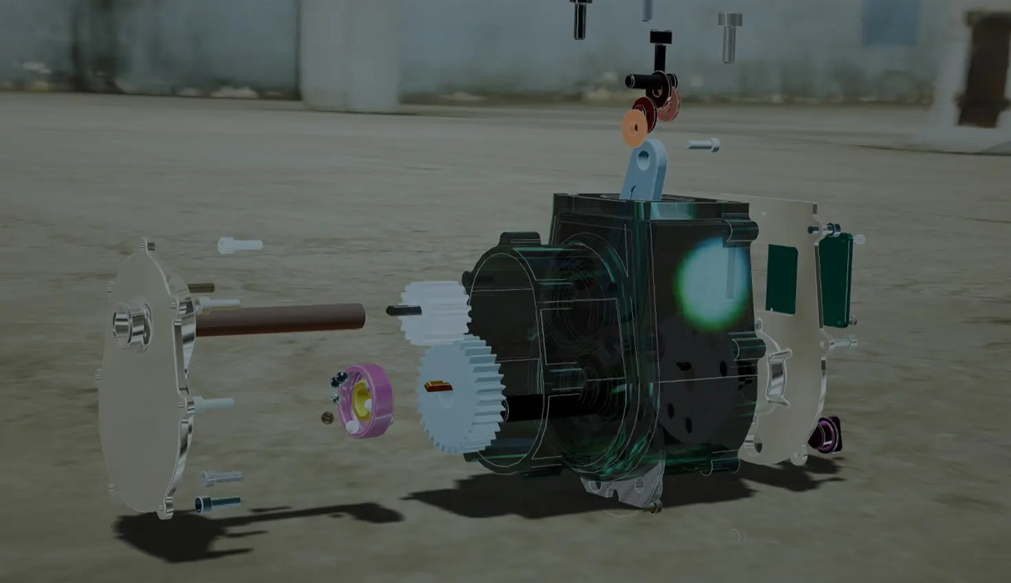 Imagen oscurecida en la que se muestra un modelo CAD en una sala de exposición de OnDisplay