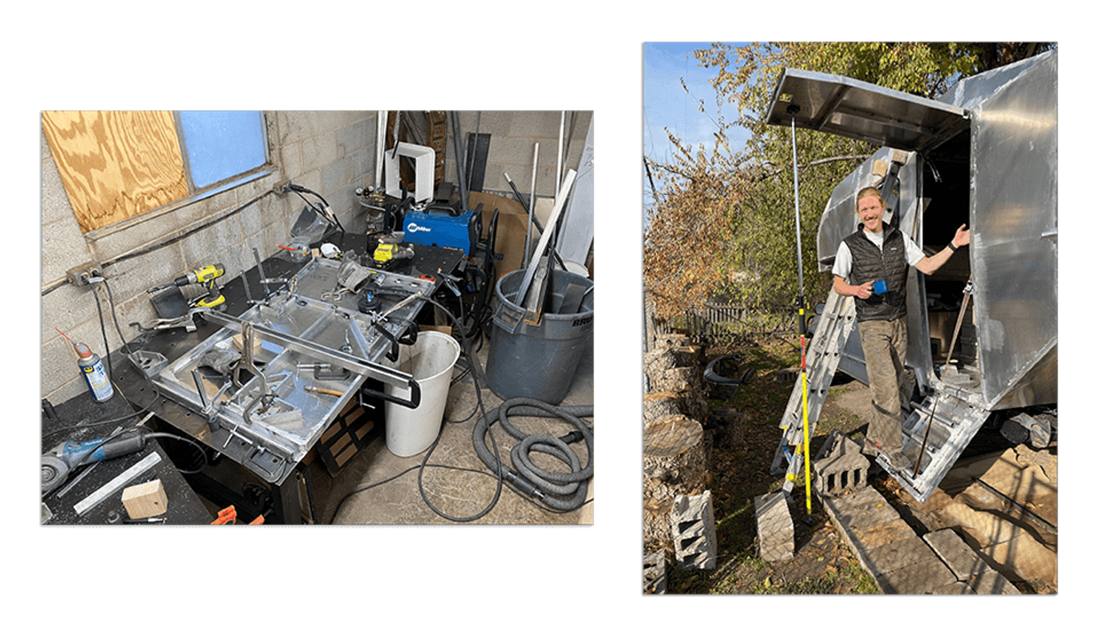 Top half of the door on the welding table, left. Me standing on the bottom half stairs, right.