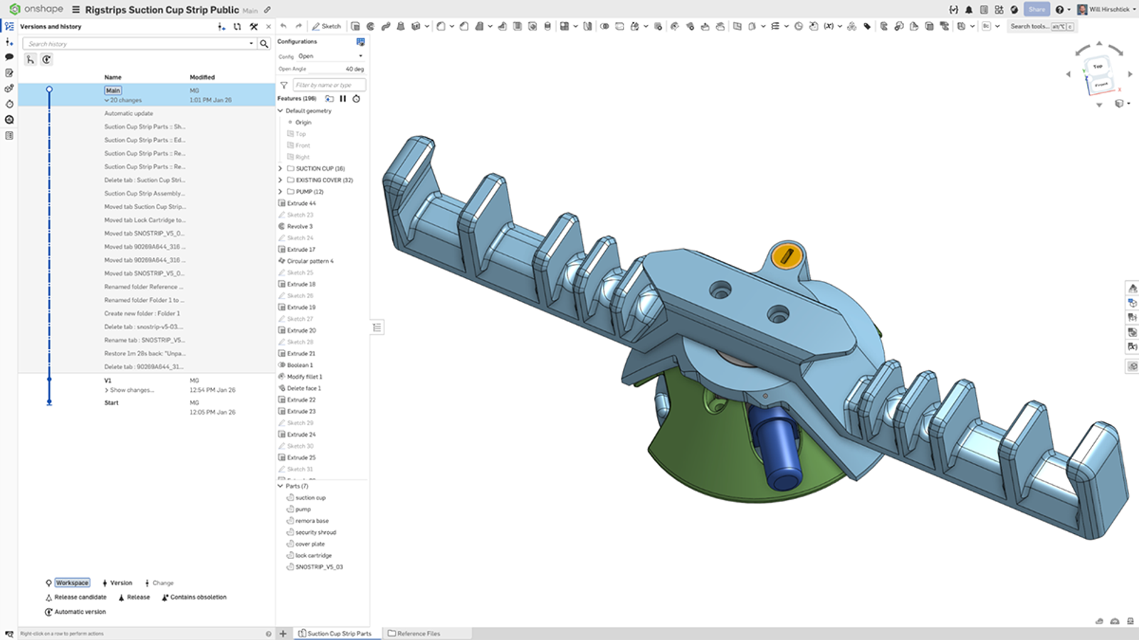 Onshape GUI showing the 3D-modeled RigStrips suction cup in Onshape.