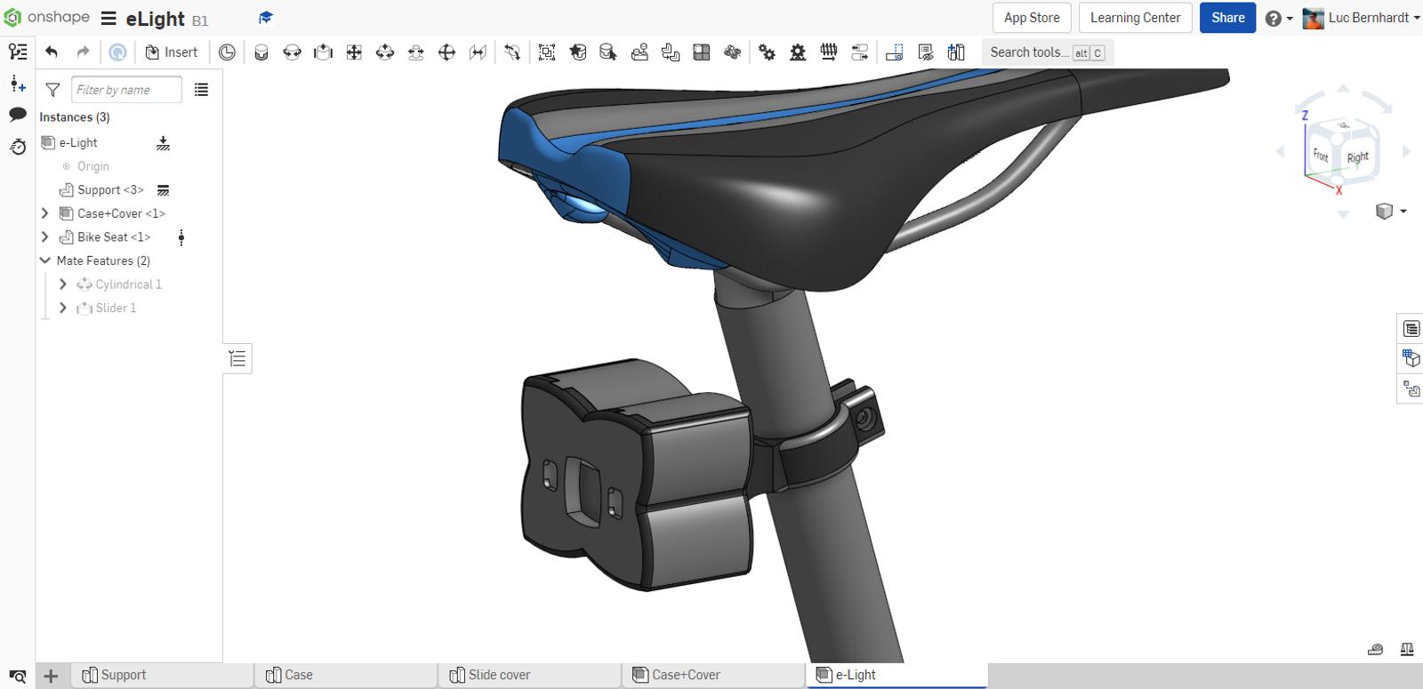 a CAD model of the elight attached to a bike