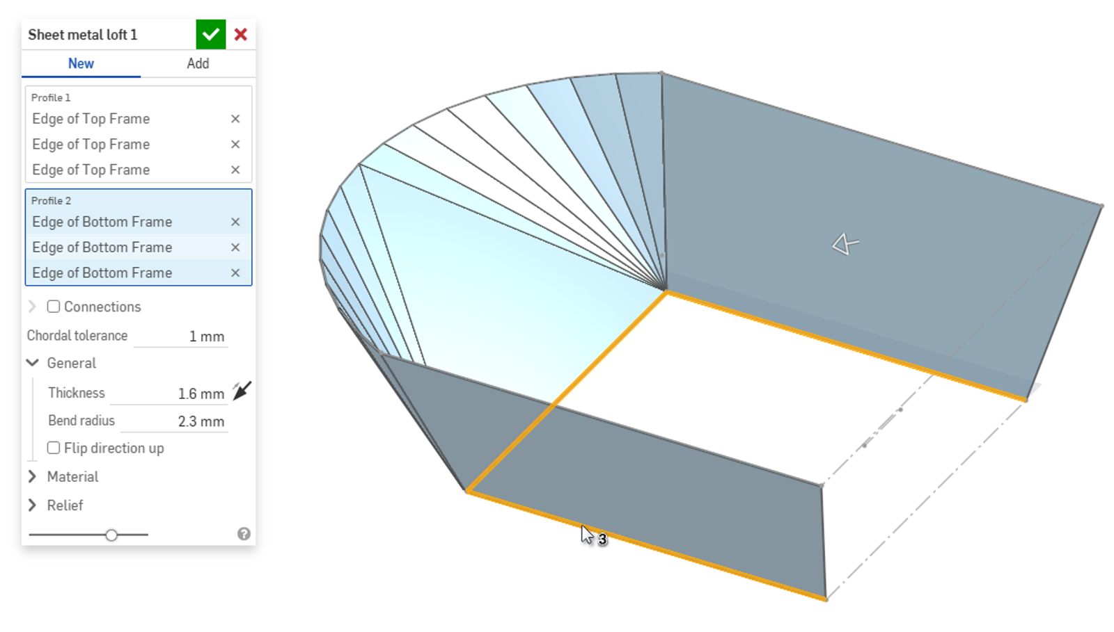 Onshape GUI showing a sheet metal part and the Sheet metal loft feature dialog.