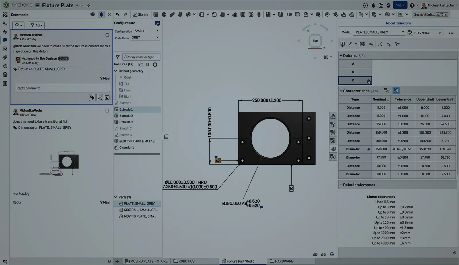 Onshape GUI with an overlay showing comments in MBD